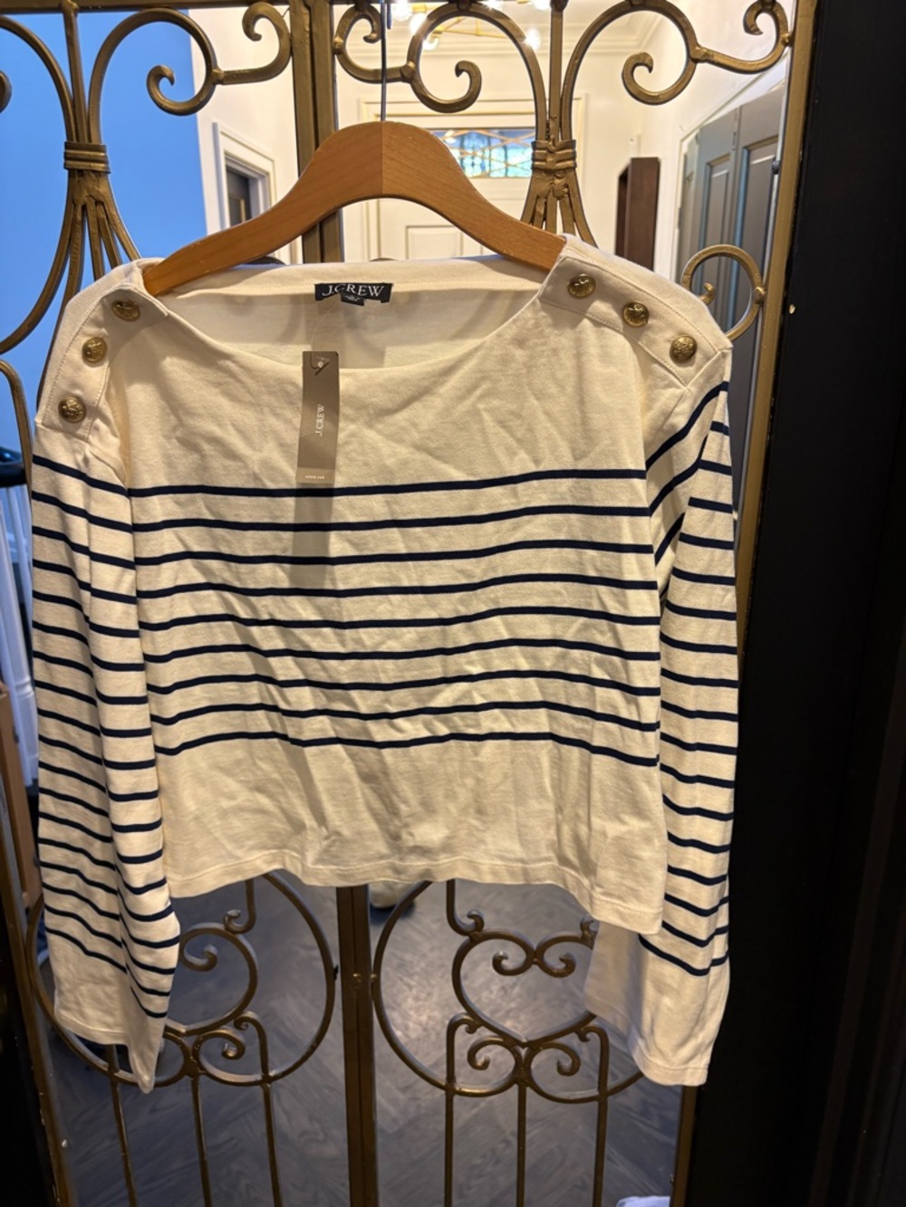 J. Crew Cream and Navy Striped Boatneck Top with Gold Buttons sailor nwt cotton